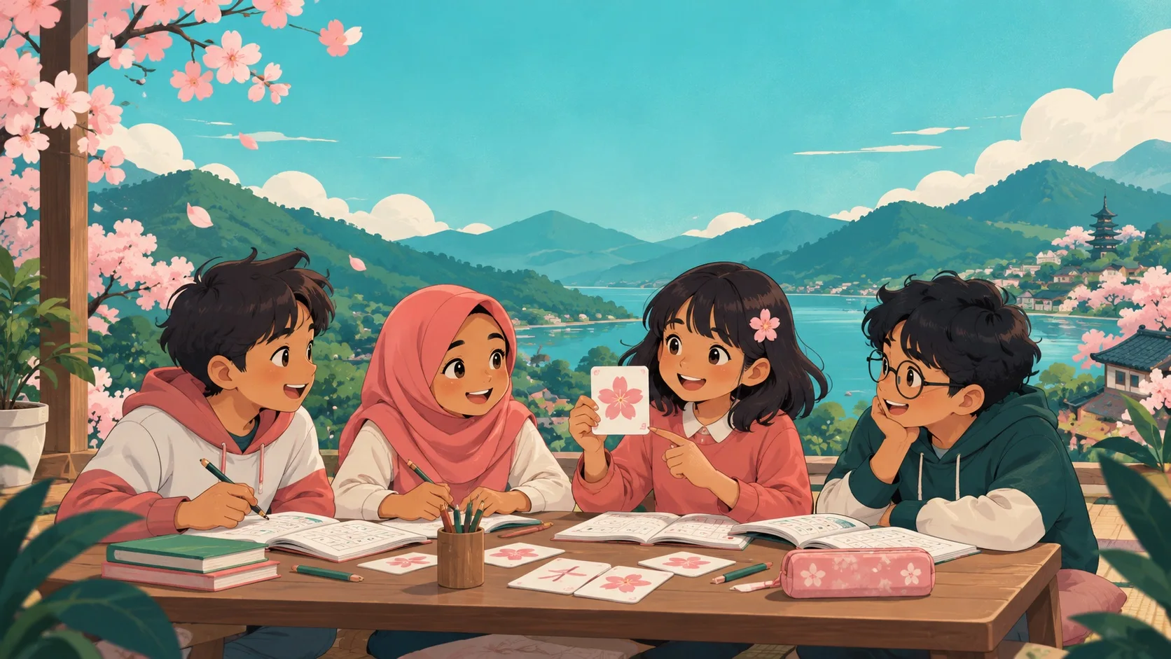 Ilustrasi empat anak duduk bersama sambil belajar bahasa Jepang